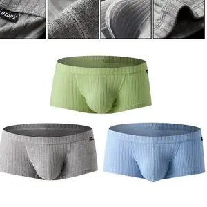 Men's Sexy Underwear Low Waist Briefs U Pouch Boxers Striped Shorts Underpants in Green Gray & Blue Colors