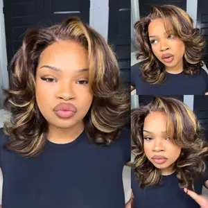 Live Menglle Hair Honey Blonde Highlight / Natural Black / Brown Short Bouncy Body Wave Glueless 7x6 Transparent Lace Front Human Hair Side Part Bob Wig