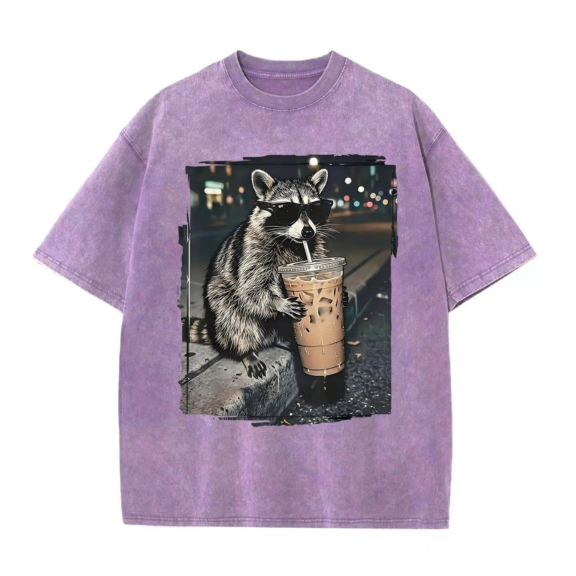 Funny Raccoon Drinking Iced Coffee T-Shirt - Retro Vintage Meme Graphic Tee Suitable for Men & Women, Casual Round Neck Shirt with Raccoon, Machine Washable for Year-Round Wear, Humorous Animal Apparel for Parties & Everyday Outfits