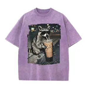 Funny Raccoon Drinking Iced Coffee T-Shirt - Retro Vintage Meme Graphic Tee Suitable for Men & Women, Casual Round Neck Shirt with Raccoon, Machine Washable for Year-Round Wear, Humorous Animal Apparel for Parties & Everyday Outfits