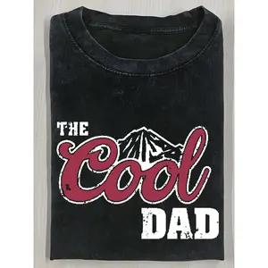 Men's 230gsm Heavyweight Cotton T-Shirt - Vintage Washed Batik Fabric, "The Cool Dad" Mountain Graphic, Red Cursive Lettering, Stretch Casual Round Neck, All-Season Fit, Brown Retro Menswear Top, Ideal Father's Day Gift