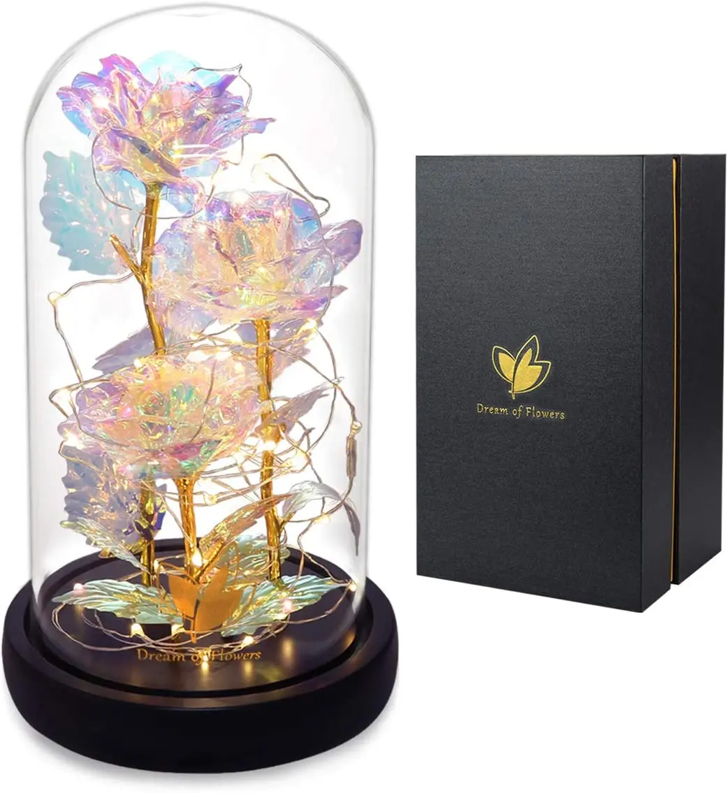 Valentines Gifts for Her,Birthday Gifts for Women,Colorful Flowers Rose in Glass Dome,Galaxy Flowers Rose with 2 Lighted Mode,Rainbow Rose Flower Gifts for Women,Valentines Gifts for Girlfriend Dream of Flowers