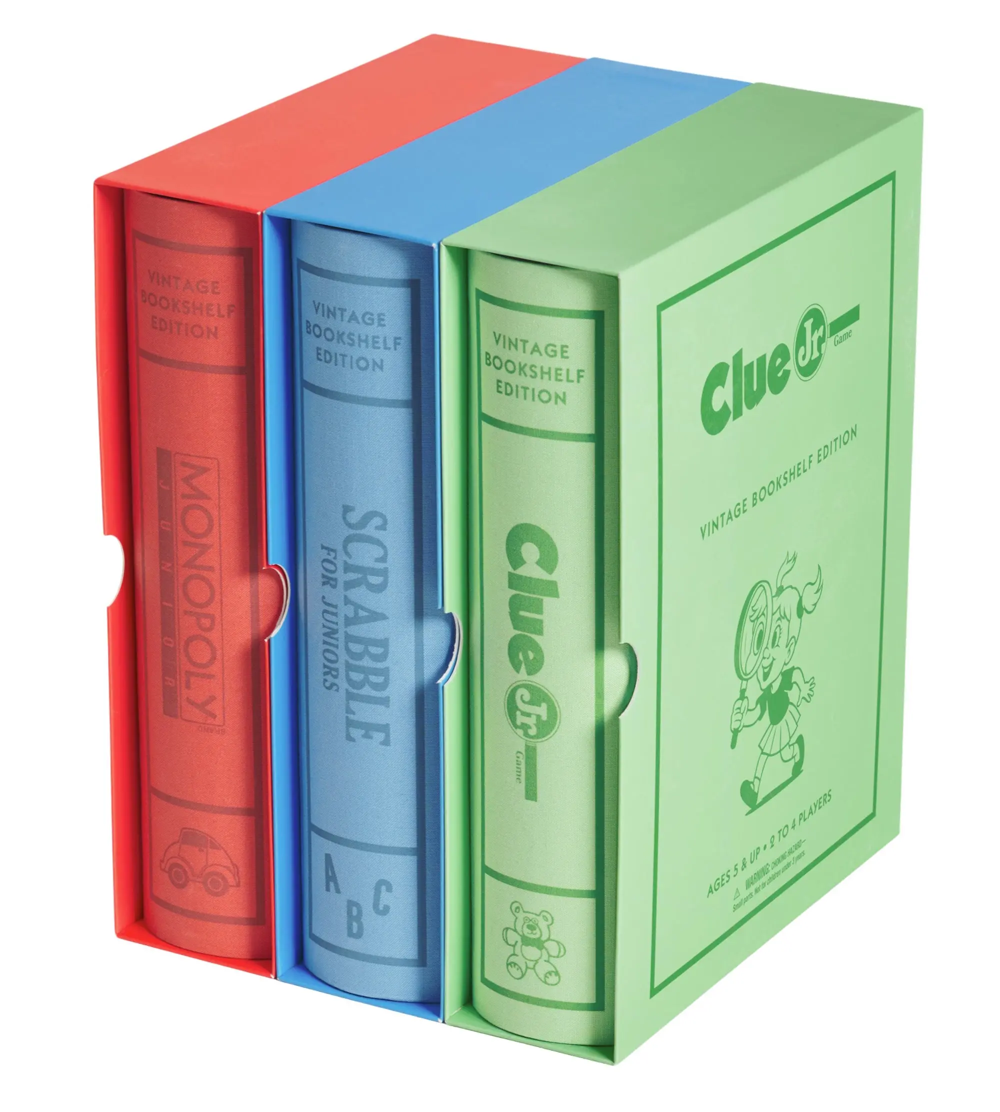WS Game Company Monopoly Junior, Scrabble for Juniors, and Clue Jr. Vintage Board Game Bookshelf Collection