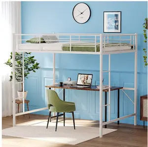 Full Loft Bed with Stairs Metal Single Loft Bunk Bed with Safety Guard Rails & 2 Side Ladder, White