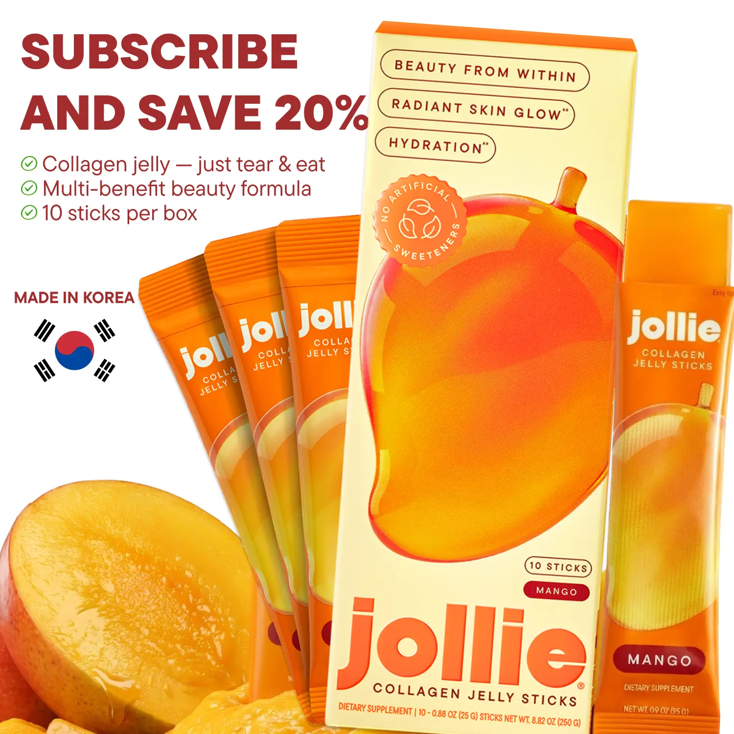 Jollie Sugar-Free Edible Jelly Stick Collagen Supplements - Korean-Made Lab-Tested Hydration Support, Mango Flavor, Marine Collagen, Hyaluronic Acid, Probiotics, CoQ10, Glutathione, Natural Anti-Oxidants, Skin Care Beauty Nutrition Supplement