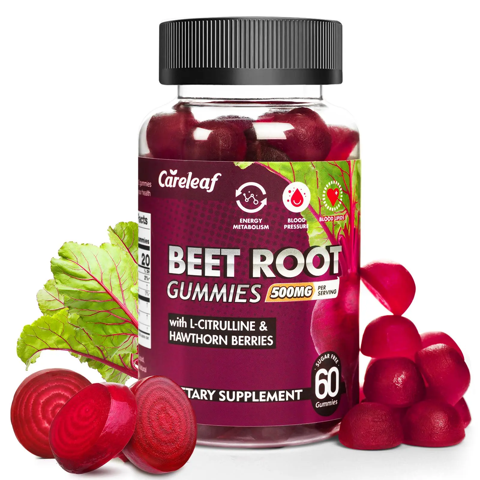 Careleaf Sugar-Free Beets Cardio Vegan Gummies for Heart Health & Energy Boost-500mg Beet Root, L-Citrulline, Hawthorn Supplement -Non-GMO, Gelatin-Free – 60 Cts