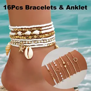 16Pcs Bohemian Jewelry Set Golden Starfish Pendant Anklet Vintage Colorful Rice Beads Multi-layer Ankle Chain Stackable Exquisite Shiny Inlaid Rhinestone Hollow Heart Bracelets Imitation Pearl Bangle Versatile Daily Wear & Party Jewelry