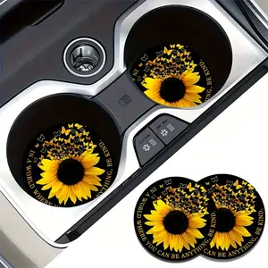 2pcs Yellow Sunflower Butterfly Car Coasters - Durable Rubber Cup Holders with Vibrant Sunflower Design, Universal Vehicle-Mounted Drink Coasters for Cup Holders, Sunflower Decor, Sunflower Decorations, Car Interior Decor, Car Interior Accessory