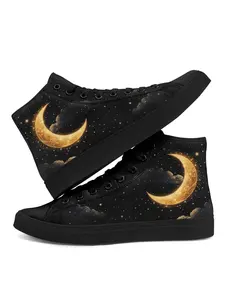 Women's High-Top Comfort Sneakers - Black & Gilded Starry Sky Moon Print Lightweight Streetwear Shoes for All Seasons