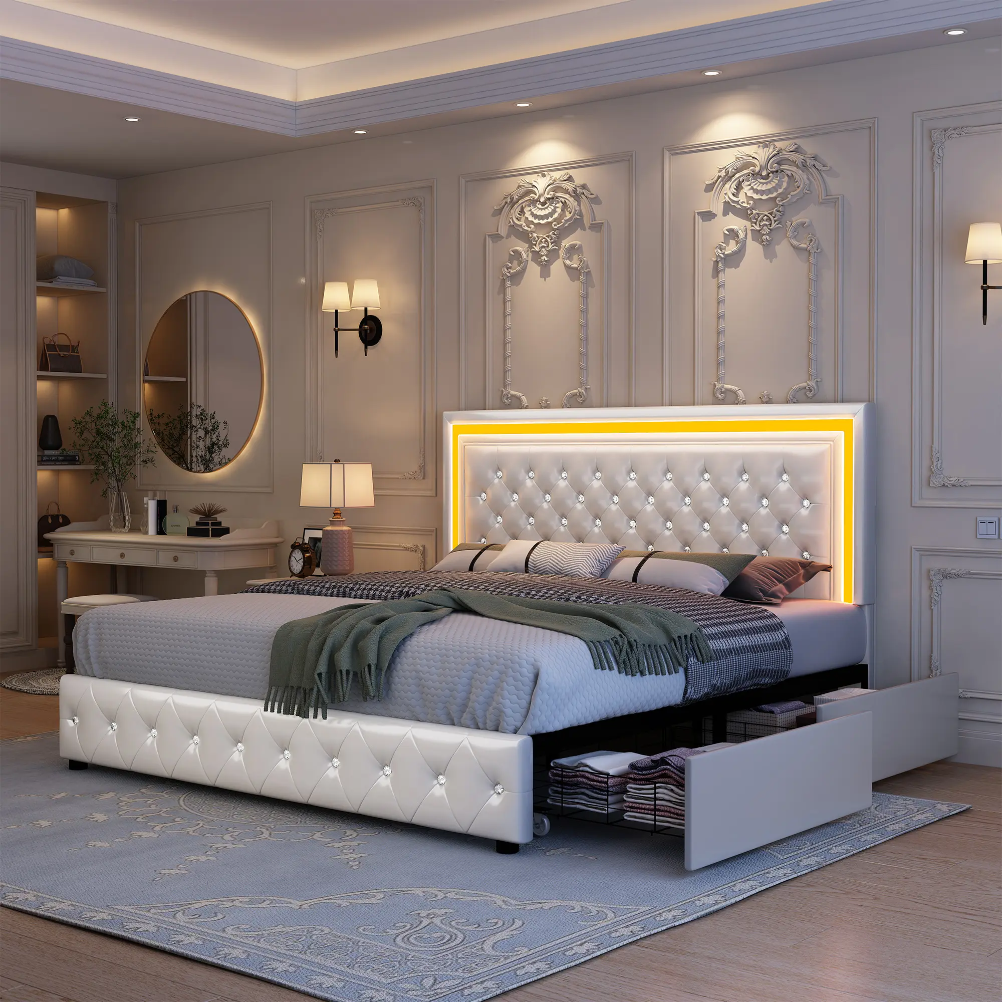 [SummerSale] GEGOFORU Queen Storage Bed Frame with 4 Drawers, Modern Design LED Upholstered Platform Bed, Smart RGB Lights, Luxury Velvet Headboard with Adjustable Height, Cozy Bedroom Upgrade, No Box Spring Needed #back to school