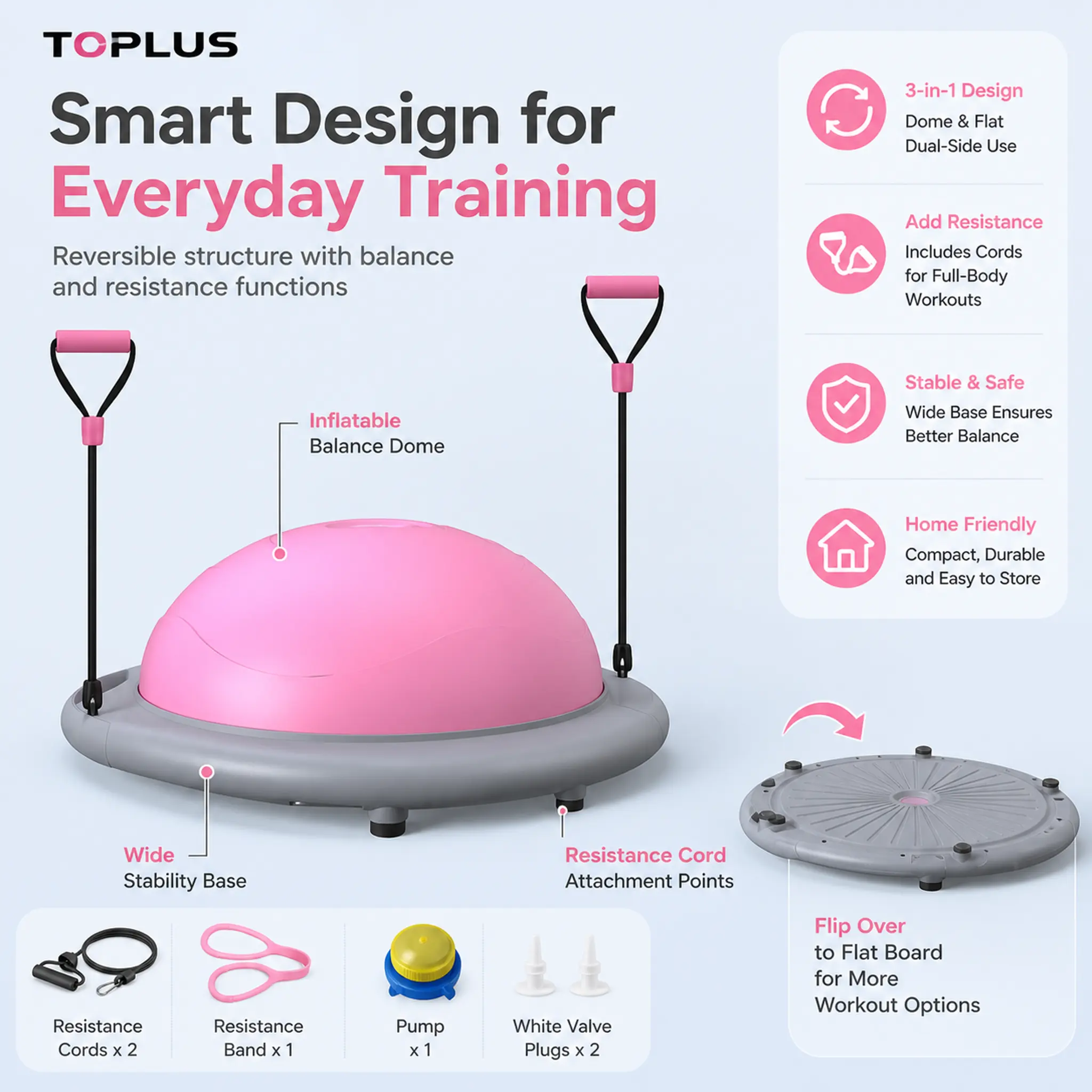 3-in-1 Dual-Sided Balance Trainer Dome, Compact Portable Home Gym Kit with Resistance Bands for Core Strength, Balance & Lower-Body Stability (Suitable for All Fitness Levels)