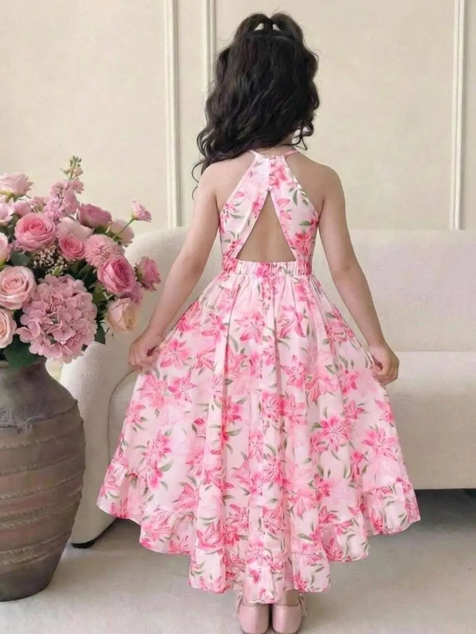 Tween Girls Floral Print High-Low Spaghetti Strap Dress, Open Back Casual Vacation Summer Sundress