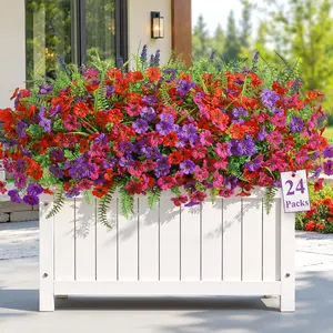 SHareconn 24/48/72/96 Bundles Artificial Flowers for Outdoors Spring Summer Decoration, UV Resistant Eucalyptus Violet and Lavender Silk Fake Plants for Outside Indoor Yard Home Patio Decor, Red Rose Purple