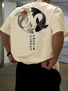 Men's Fish & Japanese Character Graphic Print Round Neck Tee, Regular Fit Casual Short Sleeve T-shirt for Daily Wear, Casual Graphic Design, Men's Streetwear for Summer, Tropical