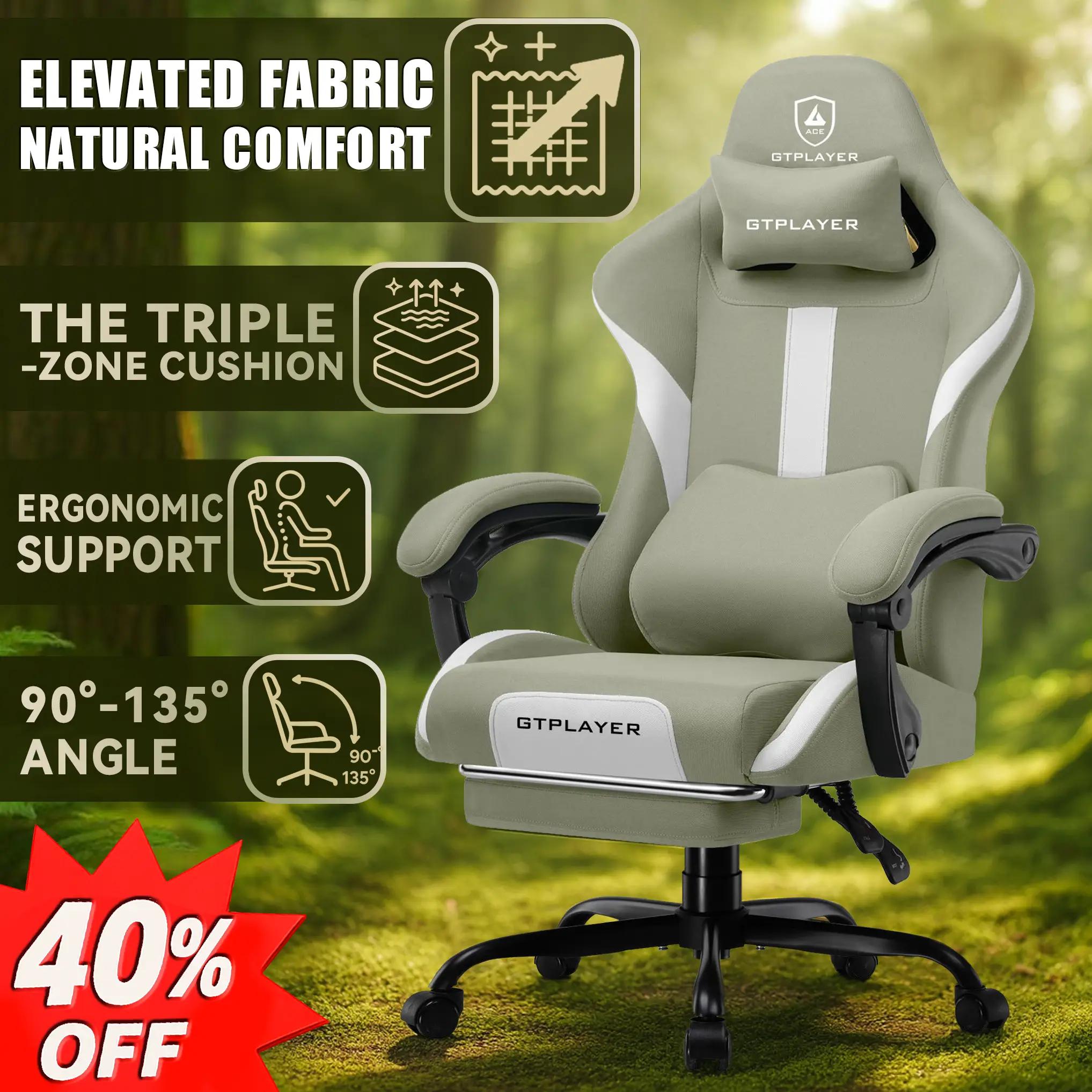 GTPLAYER Gaming Chair with Footrest, Fabric Office Chair with Pocket Spring Cushion, Memory foam lumbar pillow, High Back Ergonomic Green