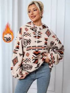 Women's Winter Y2K Aztec Print Hooded Sweatshirt, Loose-Fit Thick Fabric Pullover, Fashionable Plain Design for Fall & Winter
