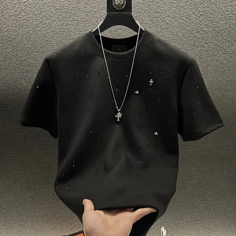 2025 Summer Luxury Men's Short Sleeve T-Shirt High-end Design Custom Meteor Heavy Industry Full Diamond Half Sleeve Crew Neck Pure Cotton T