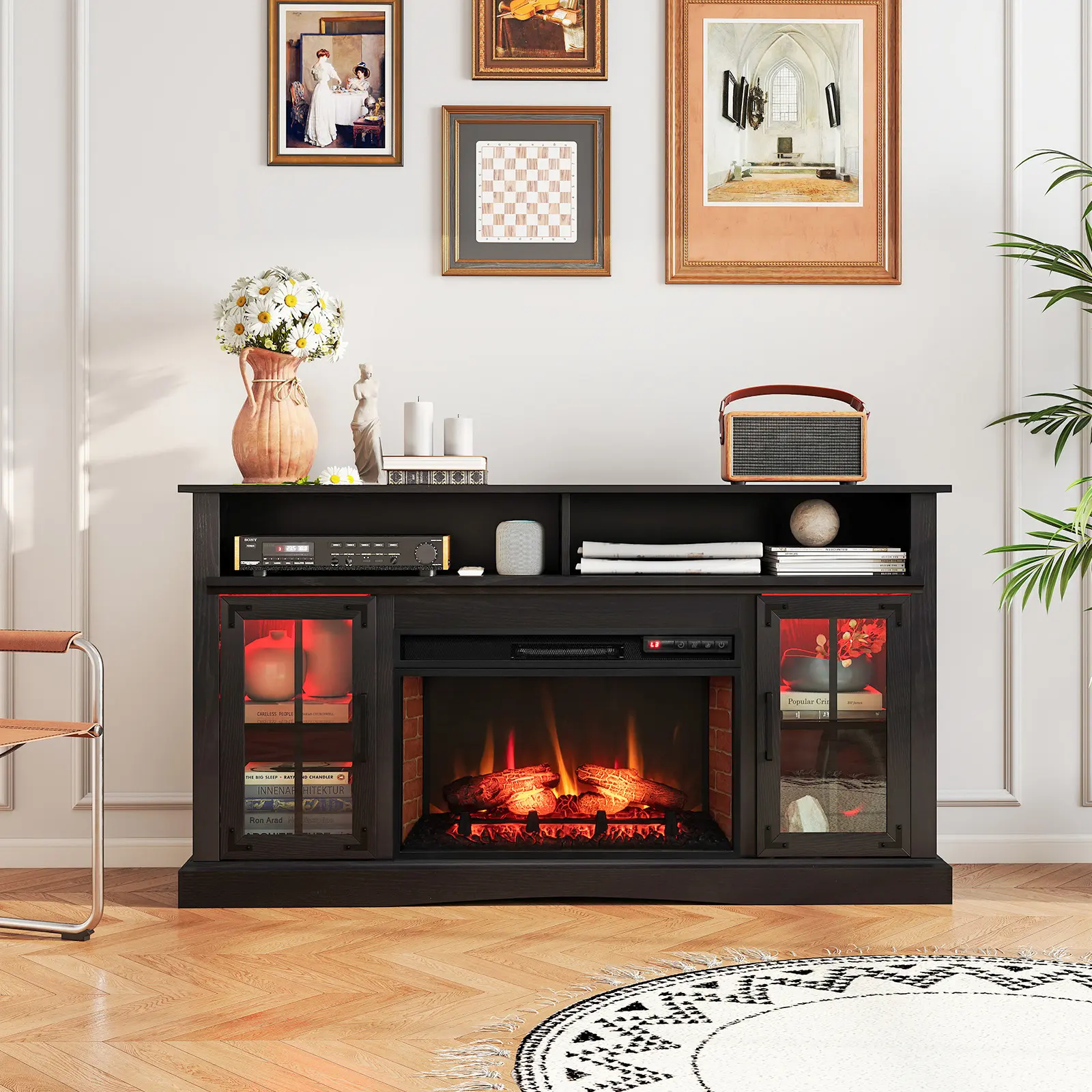 COSTWAY - Fireplace TV Stand with Remote Controls and Thermostat for TVs Up to 50 Inch-Black