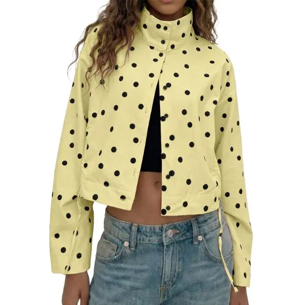 Fisoew Women's Soft Boxy Polka Dot Print Cropped Jacket, Casual Stand Collar Button-Down Top with Adjustable Drawstring, Tops, Retro, Lightweight, Straight