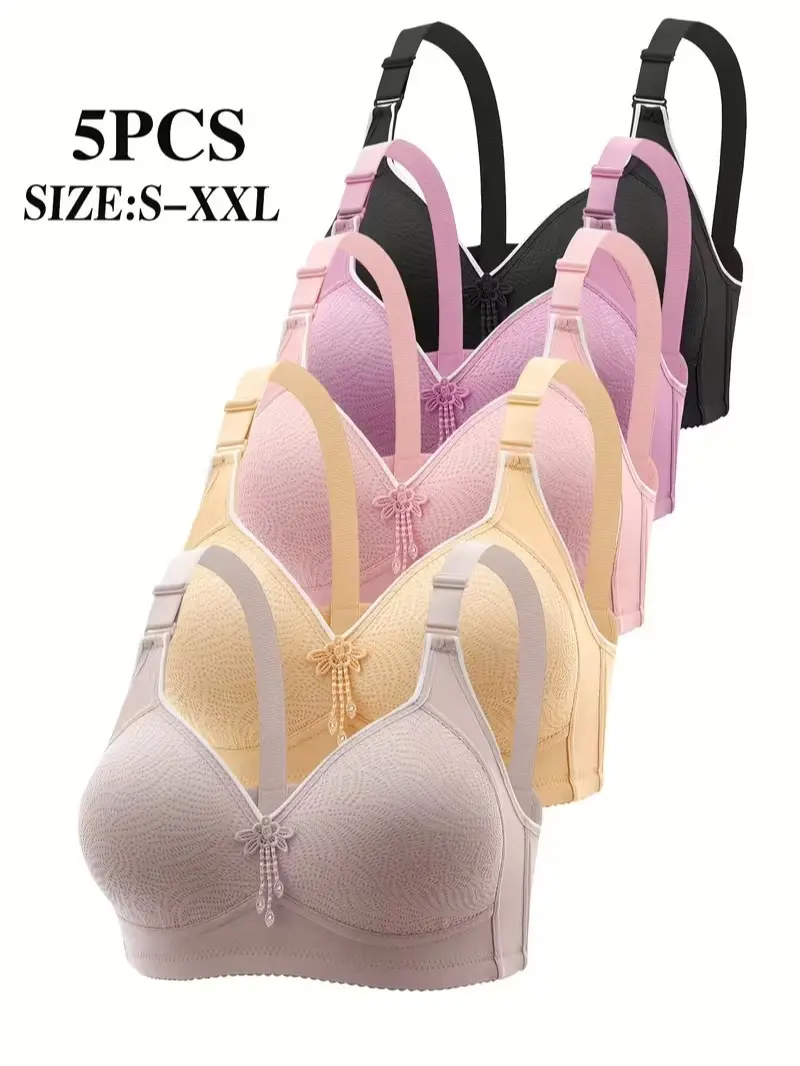 Women's Wireless Push Up Bras - 5-Pack & 6-Piece Set Options, Seamless, Comfort Fit, Tassel Detail, Modest, Lace, Patchwork, Print, Minimalist Basic, Everyday T-Shirt Lingerie