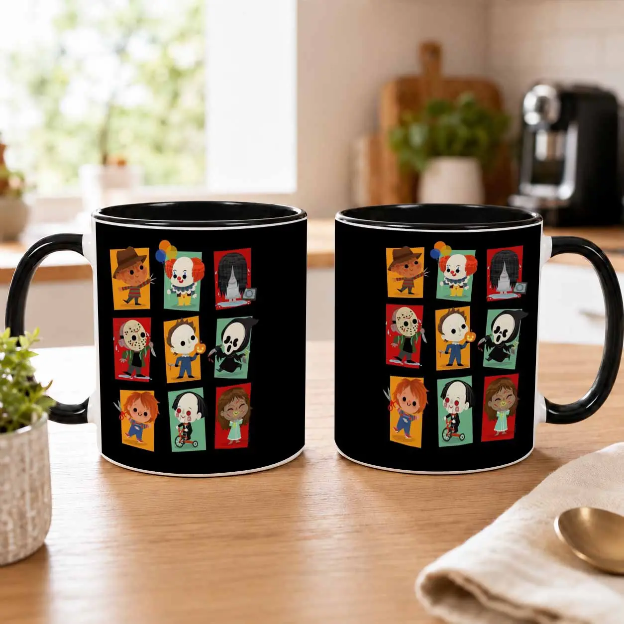 Retro Halloween Icons Ceramic Mug (11oz/15oz) - Cute Masked Character Cartoon Print, Durable, Vivid Colors, Reusable Washable Cup for Drink, Costume Party Gift, Home Decor