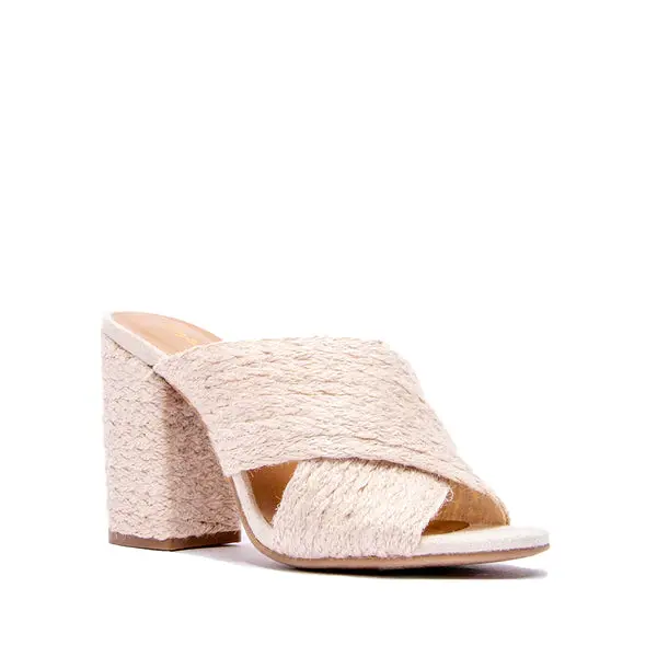 Qupid Lake Beige 02 Cross Band Block Heel Mules Sandals Shoe -