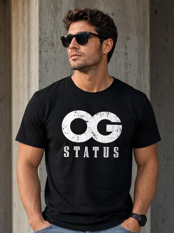 Men's 'OG Status' Vintage Streetwear Crew Neck Short-Sleeve T-Shirt - Menswear Top, Status Emblem Retro Distressed Print, Classic Cotton Fitted Casual, All Seasons, Cold Wash