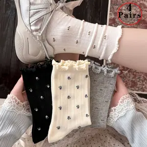 4 Pairs New Spring & Summer Minimalist Floral Crew Socks, Japanese Mesh Slouch Socks, Korean Sweet Ballet Style Ruffle Bow Socks For Women