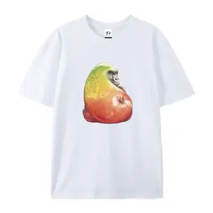 Whimsical Mango Gorilla Hybrid Graphic White Cotton T-Shirt, surreal art print of a gorilla peeking from a mango. Soft crew neck tee, quirky casual streetwear, perfect daily wear and unique gift for surreal art lovers.
