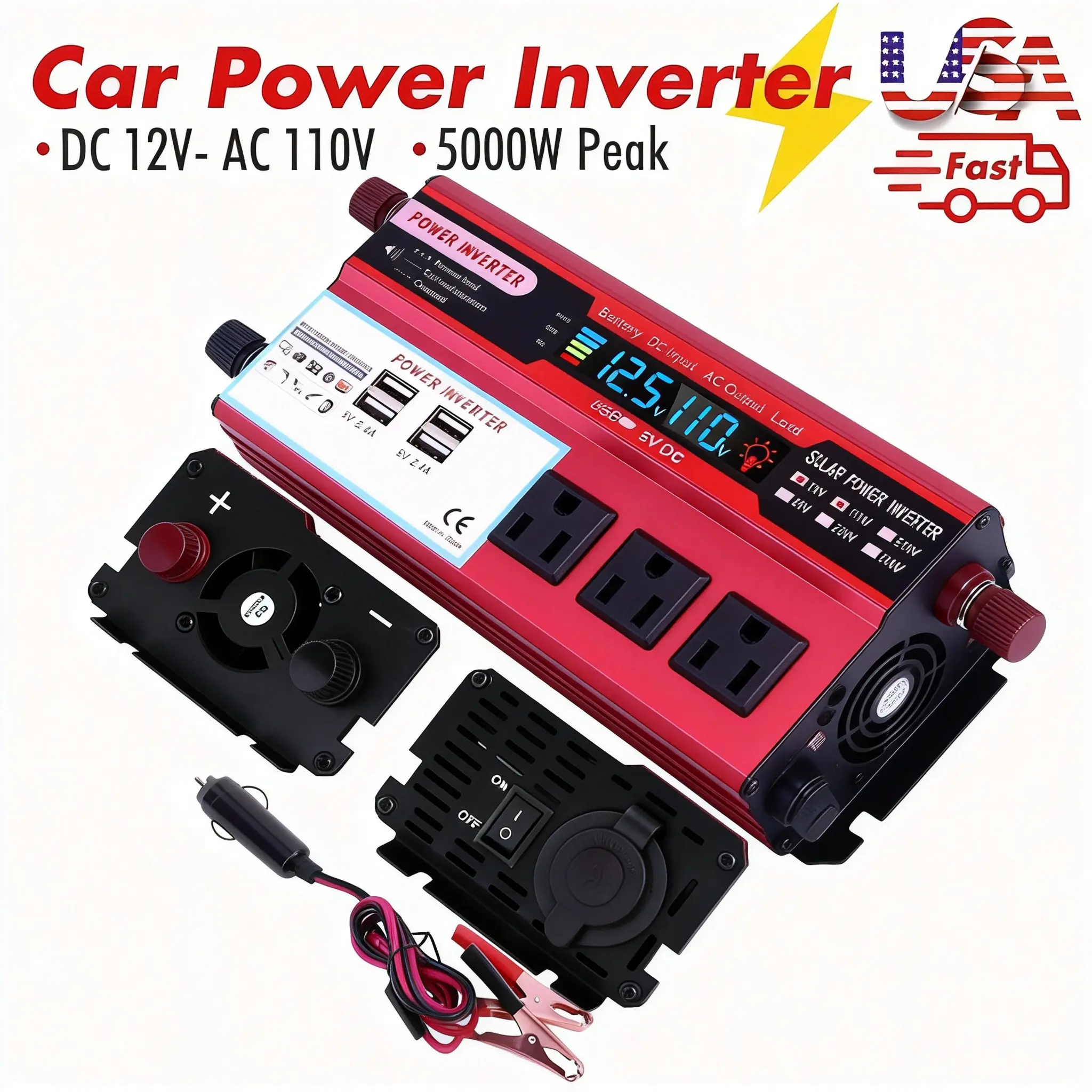 DC 12V to 110V Car Power Inverter 5000W Peak, Multi-Outlet Vehicle Power Converter with USB Fast Charging, Portable Travel Power Gear for RV Truck, Outdoor Camping & Daily Electronic Devices Charging