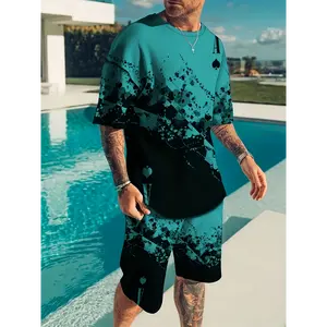 2Pcs Mens Comfortable Poker Suits Pattern Loungewear Set - Sweatsuits with Short Sleeve Crew Neck, Slight Stretch, Knit Fabric, and Sports Style for Warm Weather, Streetwear Fashion, and Leisure Wear