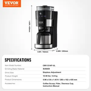 VEVOR Coffee Maker with Grinder, 8 Cup Programmable Coffee Machine, Grind and Brew Coffee Maker with 24-Hour Timer for Auto Brew, Reusable Filter, for Home Office Restaurant