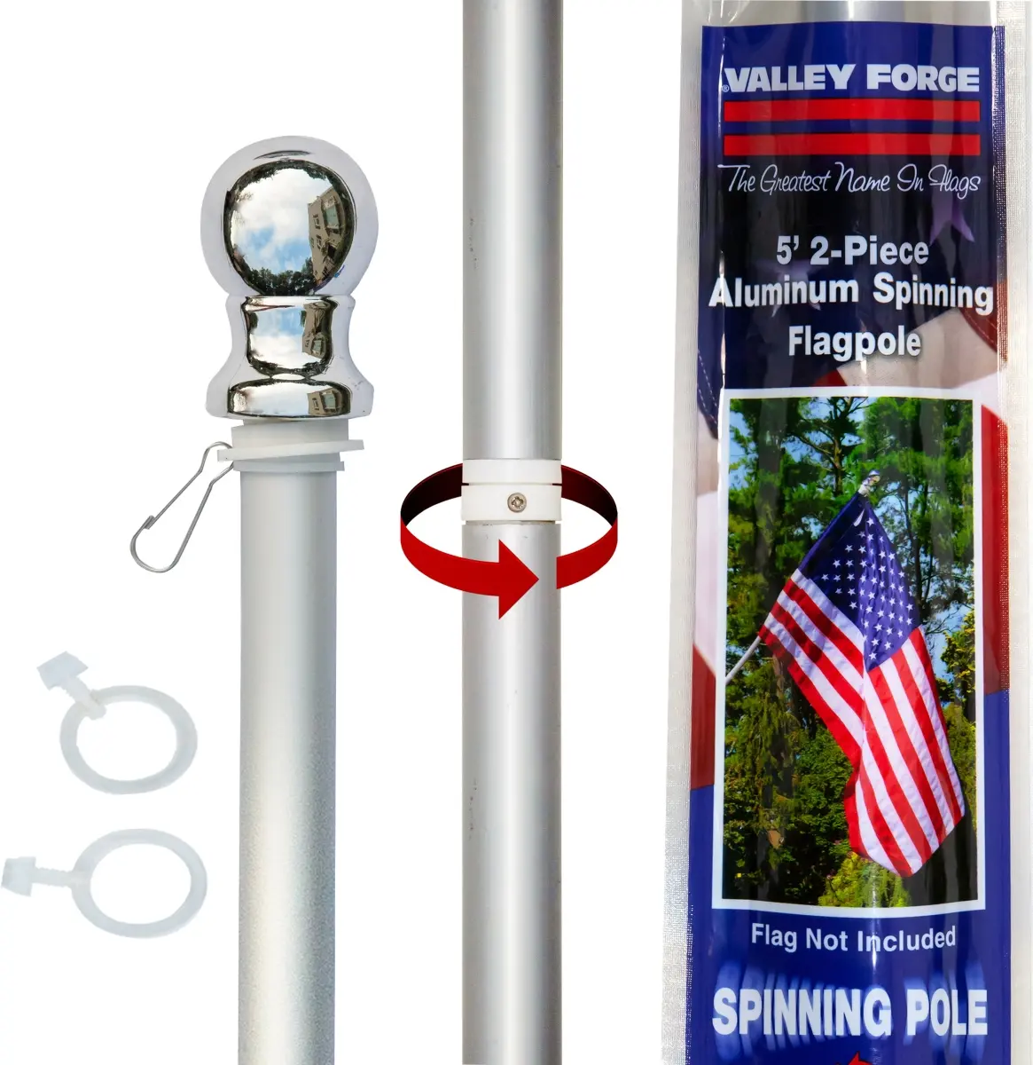 Valley Forge Flag 60736 5 ft. Aluminum Spinning Flagpole with Mounting Hardware & Spinning Technology - 2 Piece