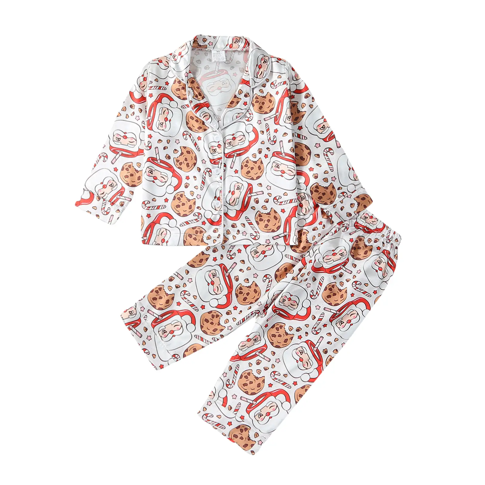 LAGKIYOJ Kids Toddler Girl Boy Christmas Two Piece Pajamas Set Santa Claus Cookie Satin Pajamas Top with Pants Xmas Sleepwear