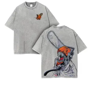 Chainsaw Man Denji with Pochita Shirt Washed Shirt Vintage Retro Anime Graphic Tee Oversized Heavy Cotton Unisex Streetwear Top Menswear Dress