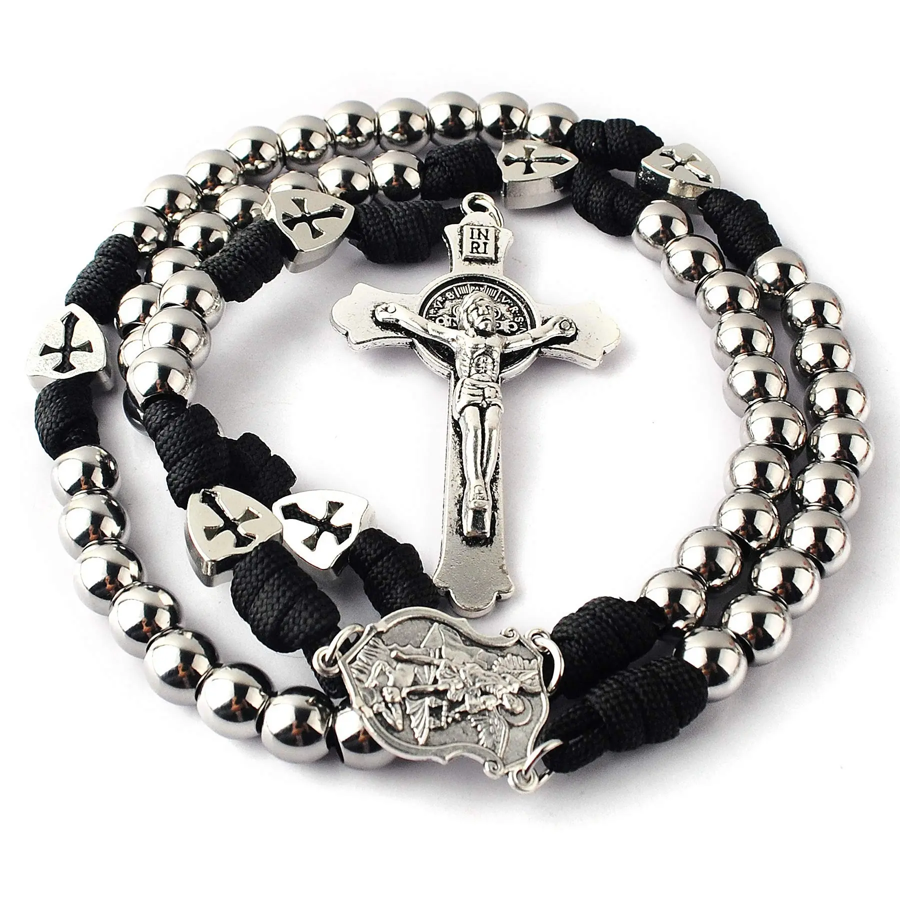 Vintage Beaded Rosary Necklace, 55cm Unisex Christian Spiritual Pendant with Geometric Stainless Steel Cross, Elegant Fashionable Jewelry Accessories for Daily Wear, Faith-Based Metal Chain Jewelry Necklaces