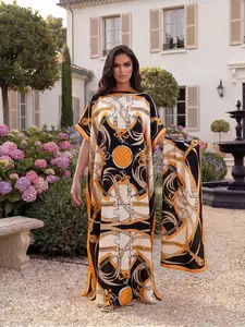 Boho Style Moo Moo Long Dress Set, Colorful Chain Design Print Robe, Hooded Shawl + Long Scarf, Women's Beach Sun Protection Silk Scarf
