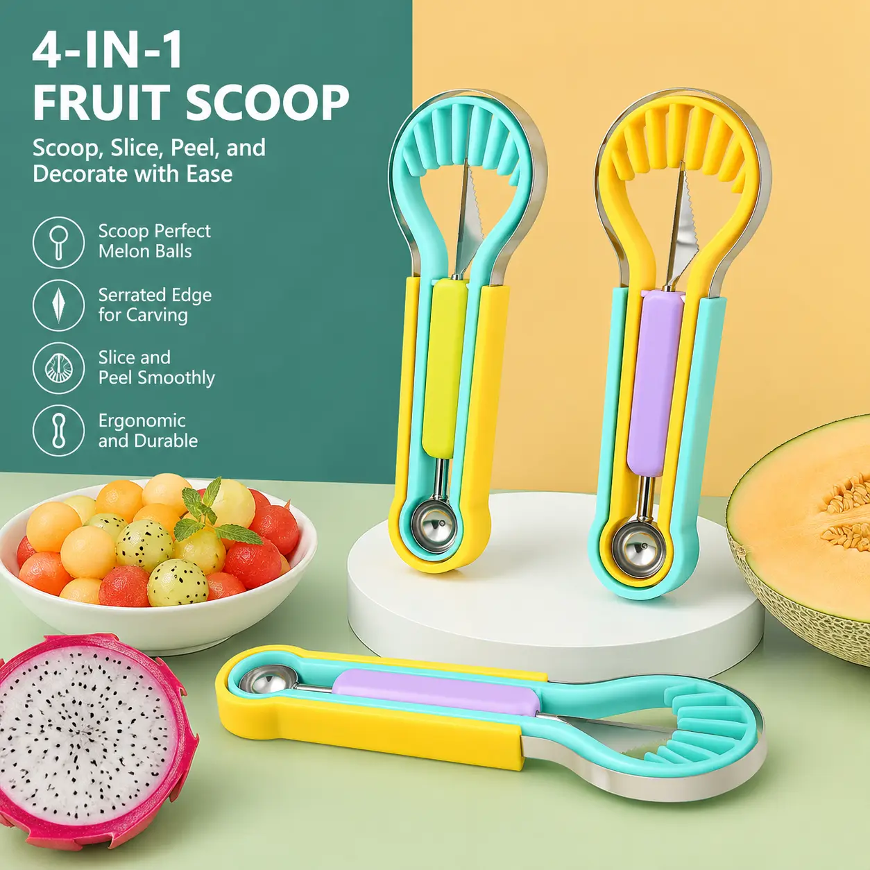 1 Count Multifunctional Fruit Processing Tool Set, with Melon Baller Carving Knife Pulp Remover and Slicer for Daily Kitchen Fruit Preparation
