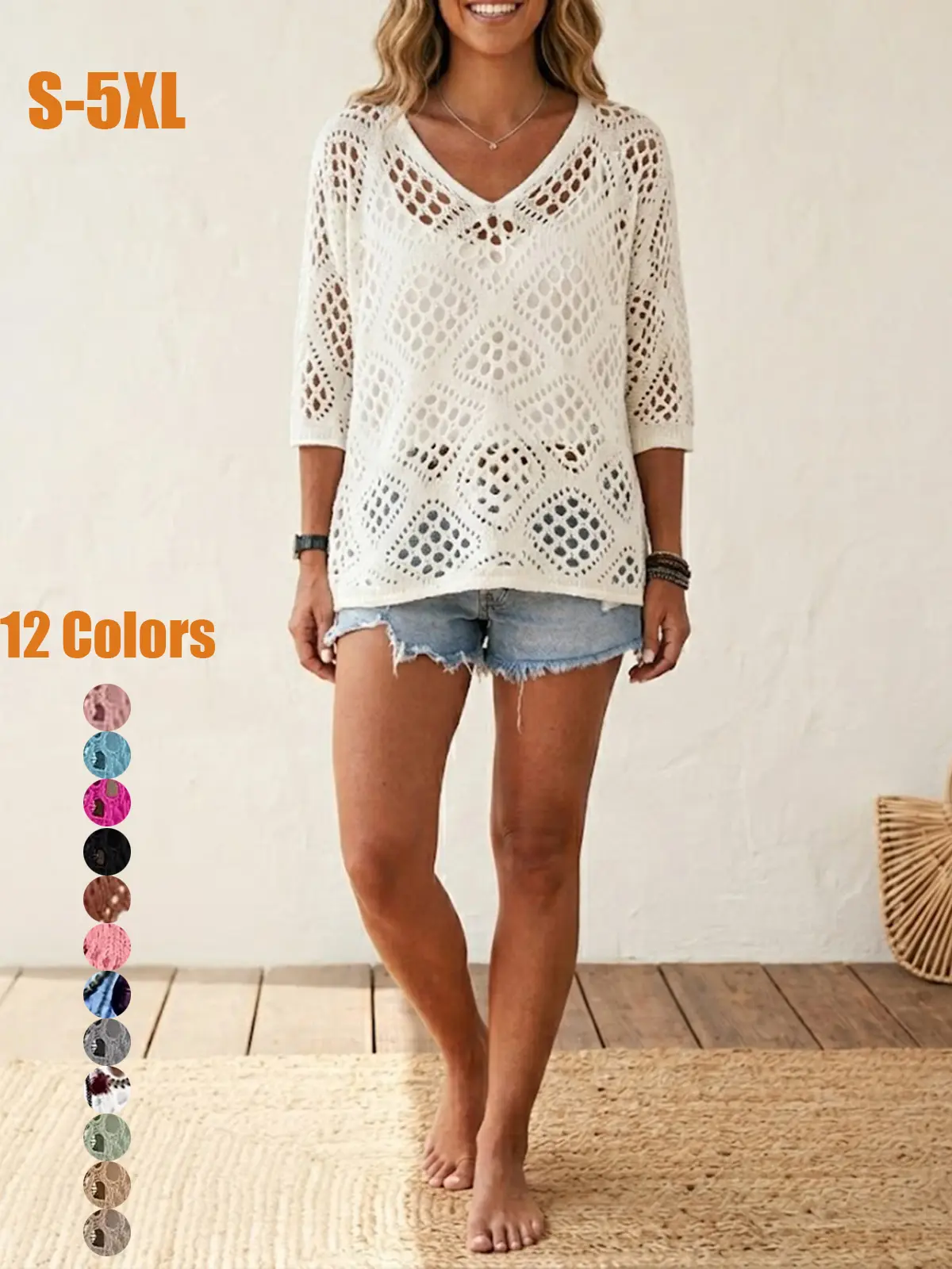 Women's Boho Crochet Hollow Out Knit Top - V Neck 3/4 Sleeve Beach Cover Up, Loose Fit Casual Summer Sweater