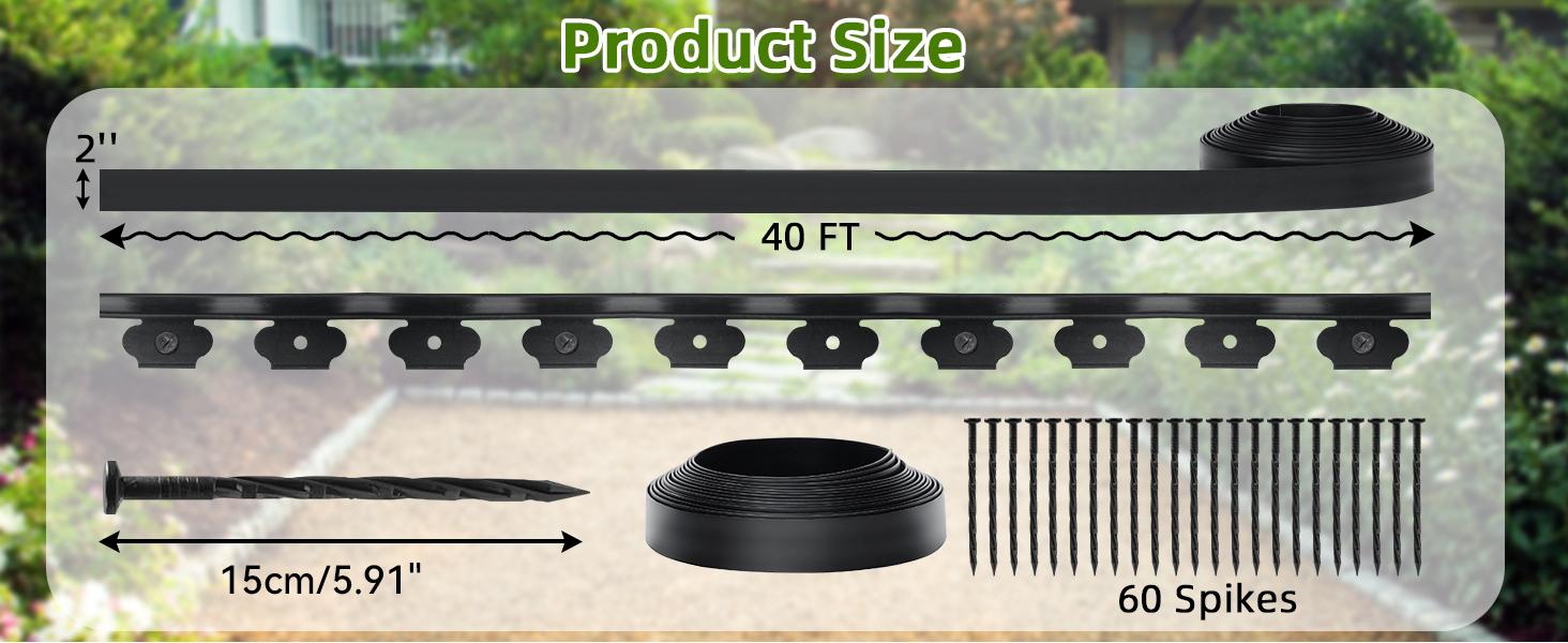 No Dig Landscape Edging Border, 2'' Tall 40FT Garden Edging Kit with 60pcs Anchoring Stakes for Lawn, Gardens and Yards (Black)