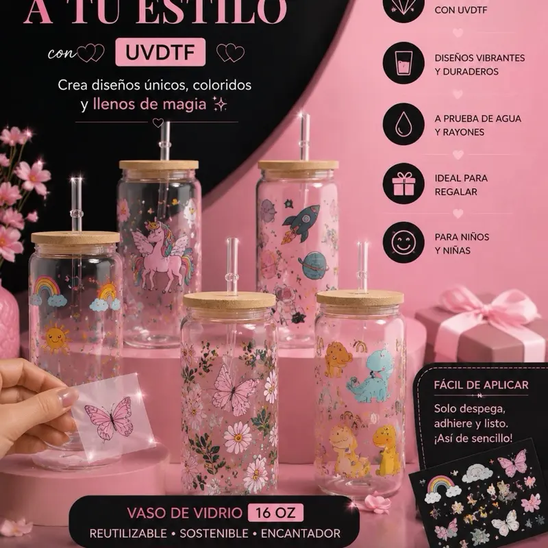 Vaso de Vidrio 16 oz Personalizado con UV DTF | Tapa de Bambú y Popote Reutilizable