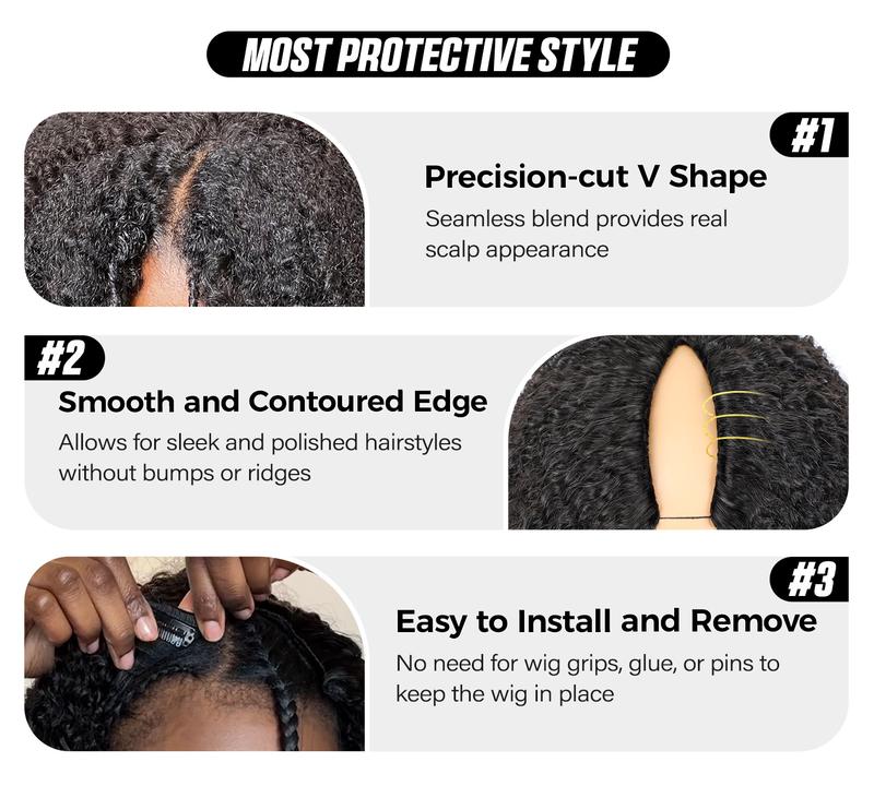 OQ HAIR Afro Curly Glueless V Part Wigs With Drawstring No Leave Out Thin Part Human Hair Wig Beginner Friendly Upgrade U part Wig Without Leave out