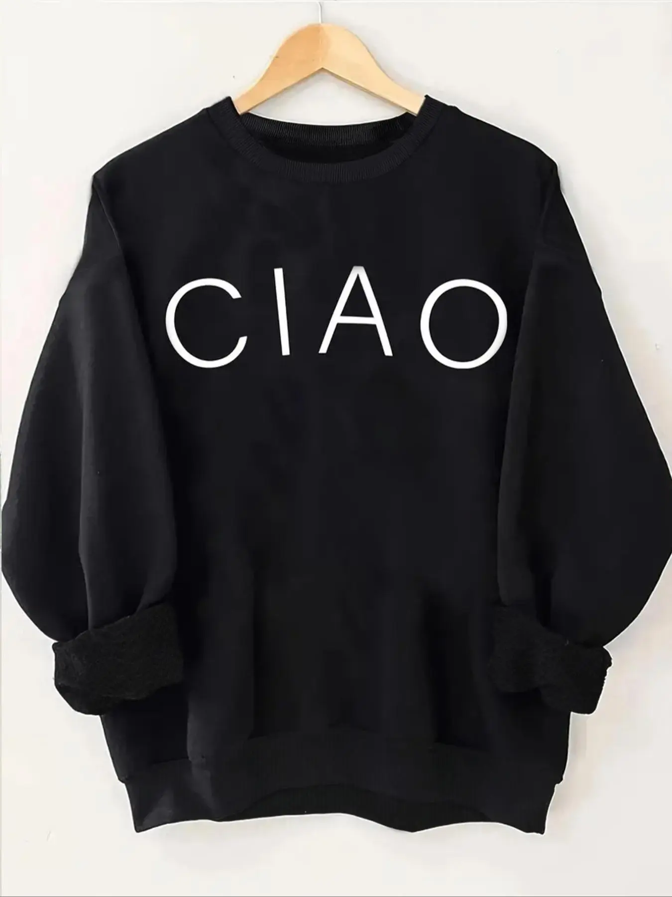 Women's "CIAO" Letter Print Crew Neck Thermal Lined Sweatshirt, Casual Long Sleeve Pullover for Fall & Winter, Women's Clothing for Daily Wear