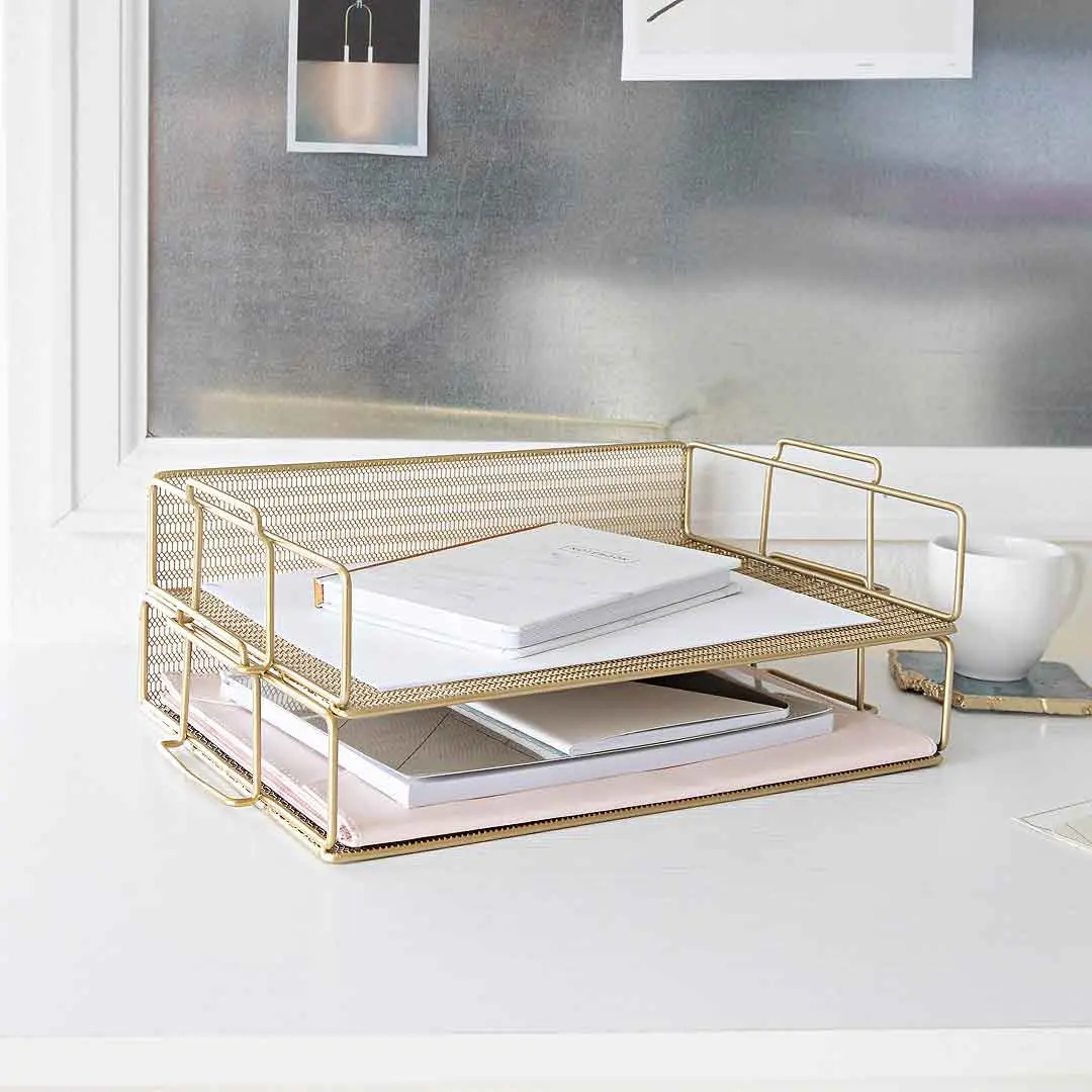 BLU MONACO 2-Piece 2-Tier Stackable Metal Paper Tray Set, Premium Organizer for Students, Keeping Desk Neat, Office Stationery Supplies, 14.7"x9.75"x5.6" Desk Accessory