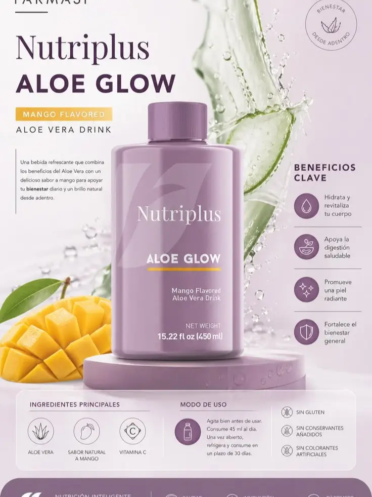 Farmasi Nutriplus Aloe Glow Mango Drink Natural for Healthy Digestion and Skin Radiance 15.22 oz 450ml