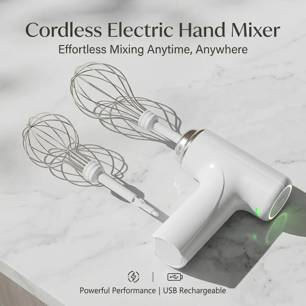 Cordless Hand Mixer - 3-Speed Portable Kitchen Mixing Machine with 2 Detachable Stirring Whisks, White Household Appliance for Cordless Freedom, 1-Hand Operation & Fine Cream Whipping