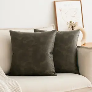 Set of 2 Olive Green Faux Leather Throw Pillow Covers, 16X16 Inch Modern Luxury Square Decorative Cushion Case, for Room Couch Living Bedroom Black Green Pillow Covers
