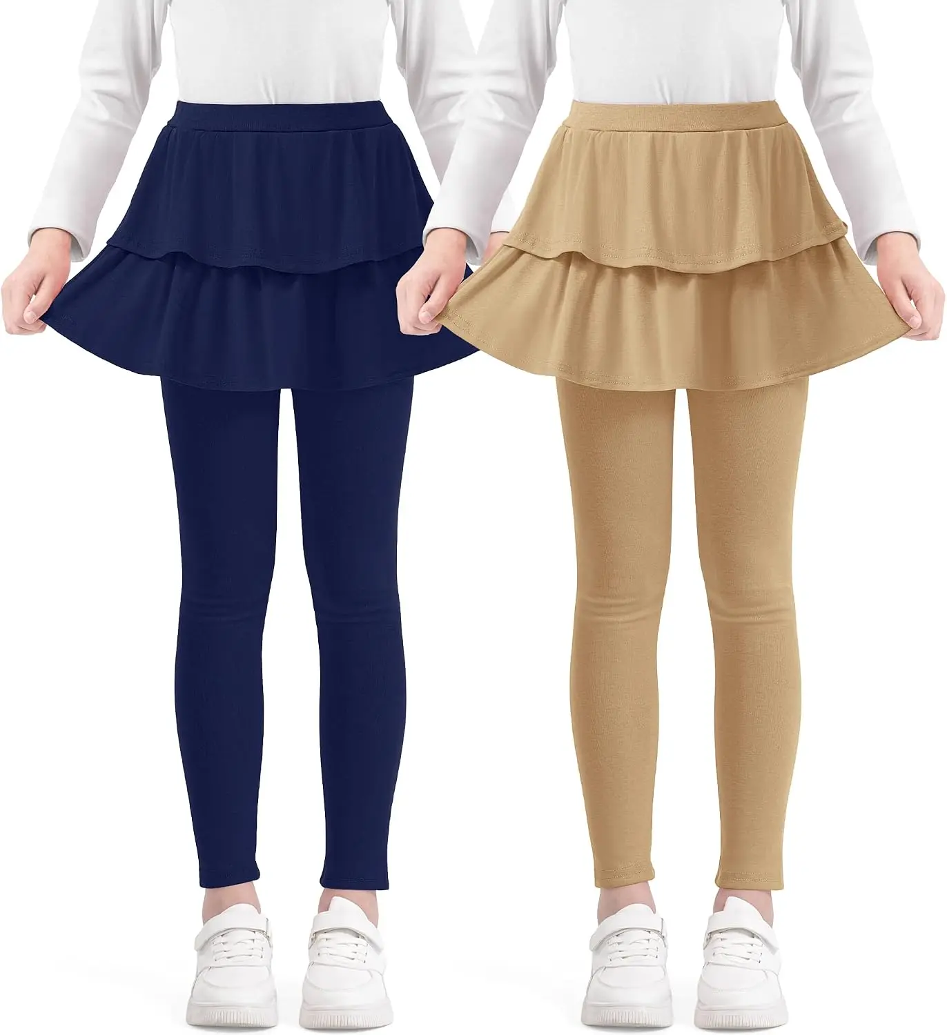 2 Pack Girls School Uniform Pants Warm Leggingss with Skirts | Stretchy Athletic Girls Leggings with Ruffle Tutu Skirts 4-12 Years