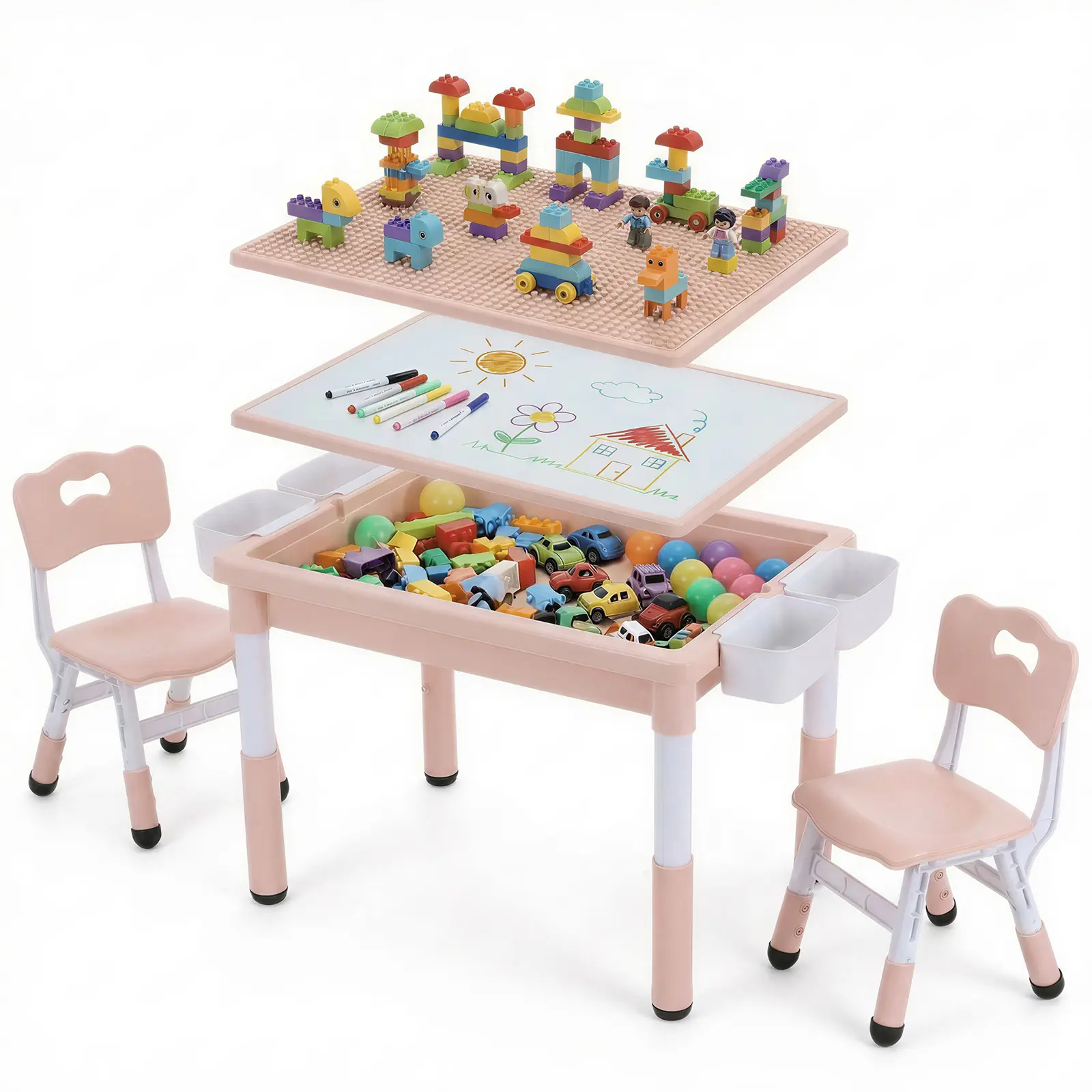 Arlopu Kids Table and 2 Chairs Set, Height Adjustable Toddler Activity Lego Table with Large Storage & Double-Sided Graffiti/Block Building Tabletop, 4 Drawers for Home, Preschool, Classroom summerwins