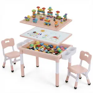 Arlopu Kids Table and 2 Chairs Set, Height Adjustable Toddler Activity Lego Table with Large Storage & Double-Sided Graffiti/Block Building Tabletop, 4 Drawers for Home, Preschool, Classroom